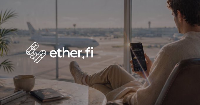 The image shows a person sitting in an airport lounge with their feet up on a table, holding a smartphone that displays "$521,128.48" on the screen, with an airplane visible through the window. The "ether.fi" logo is overlaid on the scene, tying into the post's discussion about ether.fi's Season airdrop and the challenge of detecting real versus reward-extracting wallets via ZeruFinance's analysis.