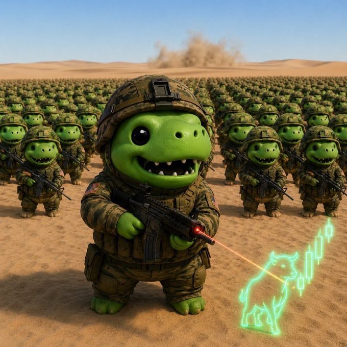 An army of green dinosaur-like characters in military gear stands ready in the desert, with the lead character aiming a laser at a bull and a green upward-trending stock chart. This image relates to the post by visually representing a bullish market movement in crypto, likely related to the $REX and $Elio tickers mentioned.