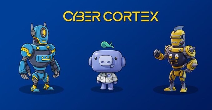 Three cartoon robot characters labeled 'CYBER CORTEX' against a blue background, featuring a blue robot, a small purple character, and a gold armored robot.