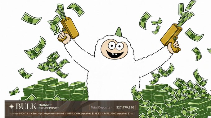 The image features a cartoon character wearing a white costume with a gun, holding up two guns that are shooting out money. The scene takes place against a background of money falling from the sky, surrounded by stacks of green paper money. The central focus is on this entertaining visual and its relation to the post about collecting USDC or using a strategy involving money in the form of digital currency for cryptocurrency trading.