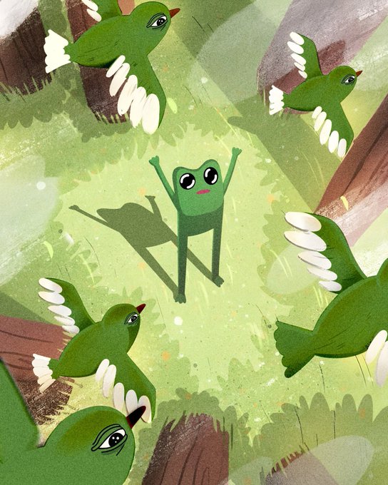 An illustration of a green frog-like character with its arms raised, surrounded by four green birds in flight against a forest background.