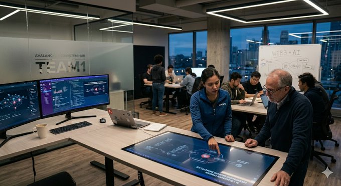 The image depicts a group of people gathered around a large monitor, possibly working on a project or brainstorming ideas related to Blockchain technology. There are at least eight individuals in the scene, with some of them standing close to each other while others are positioned further apart from one another. A desk is located near the center of the room where most of the attendees appear to be engaged in conversation or collaborating. The people seem to be focused on the computer screen and may be working together on a task or discussing strategies for their work on blockchain. The overall atmosphere suggests that they are part of a team working on innovative solutions and exploring new ways to utilize this emerging technology.