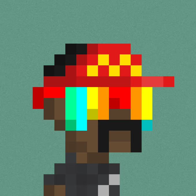 Pixel art of a character wearing a red cap, with rainbow-colored hair and skin, set against a plain green background.