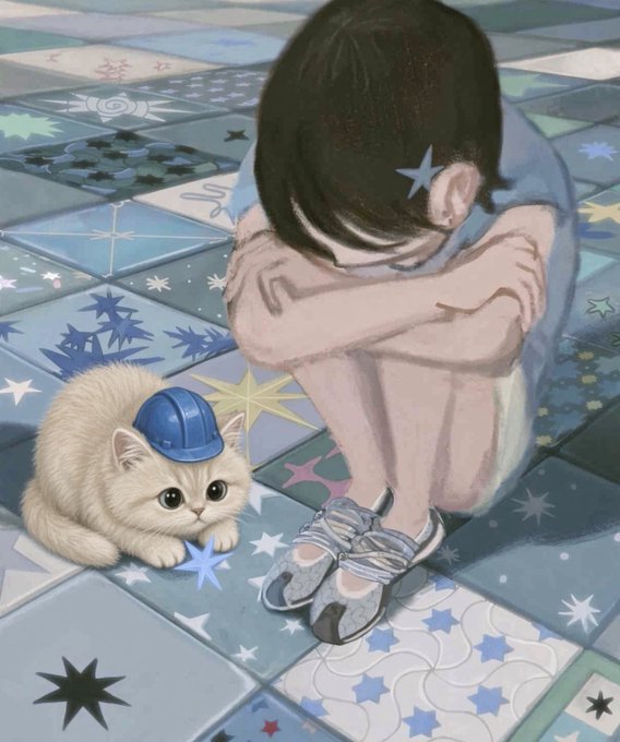 A child with a star hair clip sits curled up on a star-patterned tiled floor next to a small white cat wearing a blue cap, conveying a quiet, bedtime mood that matches the "晚安 @BasecatOnBase" (Goodnight @BasecatOnBase) message.