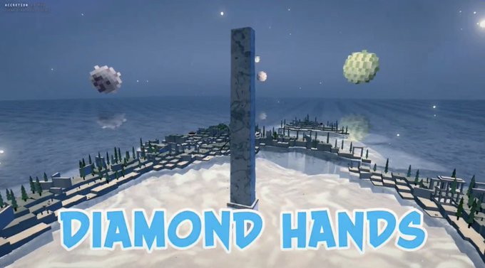 A 3D rendered scene shows a blocky obelisk with "DIAMOND HANDS" text in light blue, surrounded by floating cubes and a structure of trees and stone over a watery landscape.