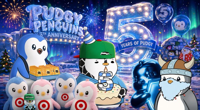 A promotional banner for 'Pudgy Penguins 5th Anniversary' featuring various penguin characters, birthday cake, fireworks, and a large illuminated '5'.