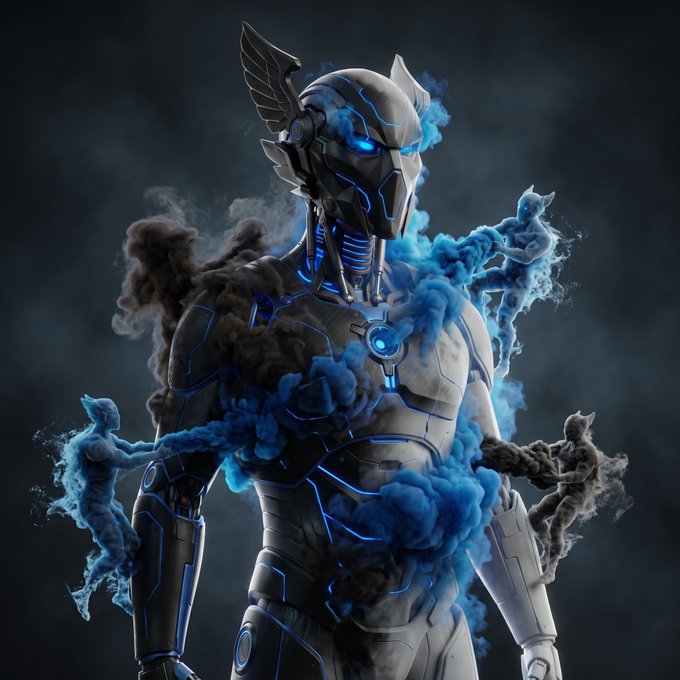 A futuristic, robotic humanoid figure with glowing blue eyes and accents, surrounded by swirling blue and black smoke.