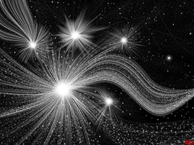 A black-and-white digital art piece depicting a cosmic scene with bright, star-like light sources emitting intricate, radiating line patterns across a starry background, signed 'VoT' in red.