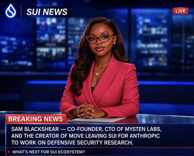 A news broadcast displays a "BREAKING NEWS" headline on SUI NEWS (LIVE), reporting: "SAM BLACKSHEAR — CO-FOUNDER, CTO OF MYSTEN LABS, AND THE CREATOR OF MOVE LEAVING SUI FOR ANTHROPIC TO WORK ON DEFENSIVE SECURITY RESEARCH," with a teaser reading "WHAT'S NEXT FOR SUI ECOSYSTEM?" The image visually underscores the accompanying post's announcement of Blackshear's quiet departure, framing it as a major development for the Sui community given his foundational role.