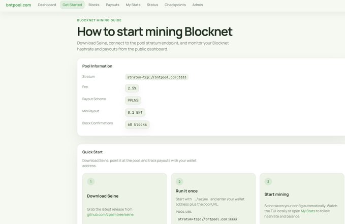 The image displays BNTPOOL's "How to start mining Blocknet" guide, showing key pool information including a Stratum address (stratum+tcp://bntpool.com:3333), a 2.5% fee, PPLNS payout scheme, 0.1 BNT minimum payout, and 60 block confirmations, along with a three-step quick start for downloading Seine, configuring it with the pool URL, and beginning mining. This directly supports the post's call to action by providing beginners with the exact stratum address and setup instructions needed to start mining Blocknet (BLOCK) on BNTPOOL.