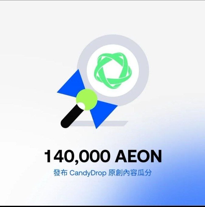 A graphic displaying '140,000 AEON' with Chinese text about publishing CandyDrop original content, featuring a magnifying glass examining a green logo.