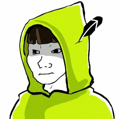 A simple digital drawing of a character wearing a bright green hood with a feather detail.