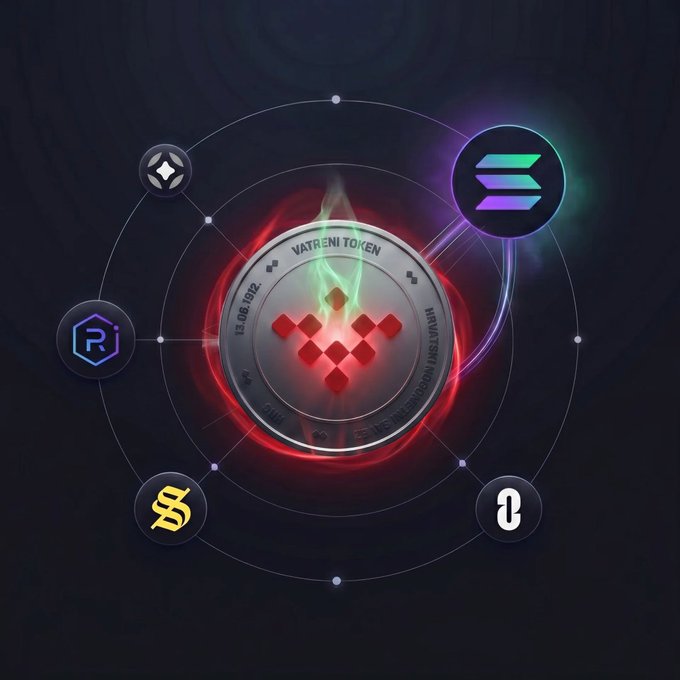 The image features a logo for a cryptocurrency called "SelinToENI Ven." It consists of a red circle containing a white hexagon, surrounded by other logos such as a blue hexagon, a green hexagon, and a yellow hexagon. The logos are arranged in a circular pattern around the central red circle. The image also includes text that reads "Built with LayerZero" above the logo.
