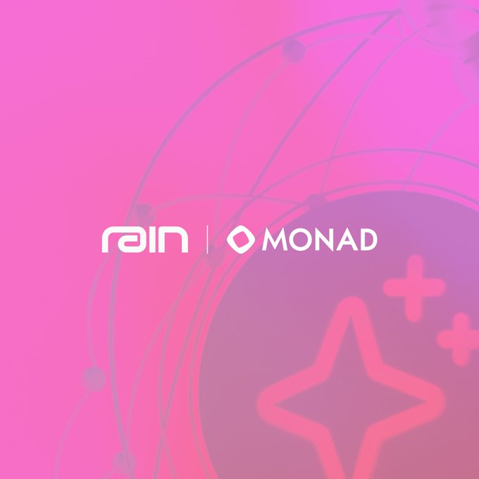 A vibrant pink promotional graphic features the "rain | MONAD" logos centered against a gradient background with decorative star and plus-sign accents, announcing Monad Foundation's sponsorship of the Raingentic Commerce Hackathon.