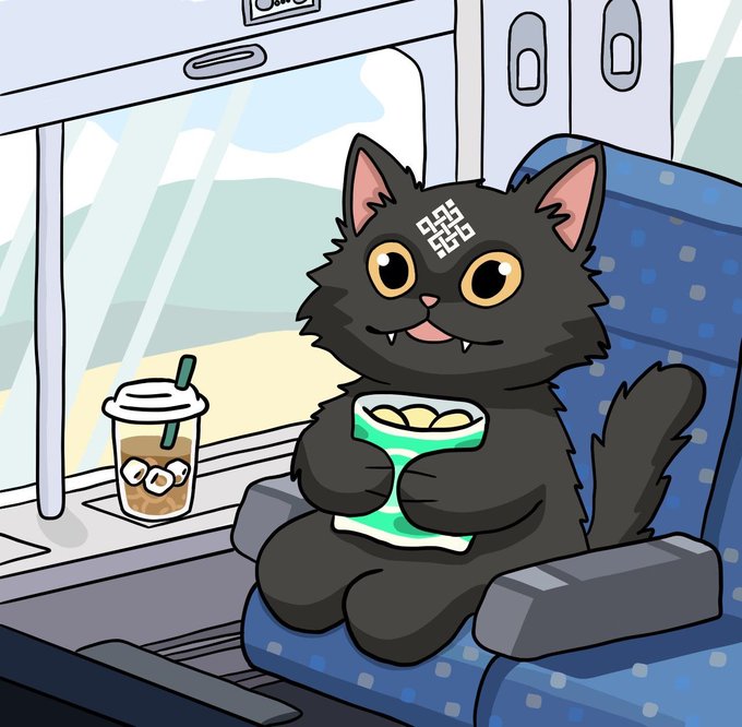 A cartoon black cat with a QR code on its forehead sits on a train eating snacks and sipping an iced coffee, using a whimsical character to represent the kind of AI agent that "smart contracts" currently lack the ability to act like—capturing the post's point that today's smart contracts are "blind" and unable to fetch real-world data, run on schedules, or perform computations like AI inference, which Ritual aims to solve.