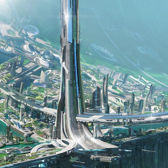 A futuristic sci-fi cityscape illustration showing a massive central spire surrounded by elevated highways, modern skyscrapers, and waterways under a bright teal sky.