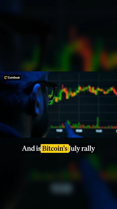 The image shows a person viewed from behind, wearing glasses and looking at a computer screen displaying a candlestick chart with green and red bars, with the "CoinDesk" logo visible in the corner. Caption text reads "And is Bitcoin's July rally," highlighting the post's discussion of weak U.S. demand raising concerns about Bitcoin's recent price movement.