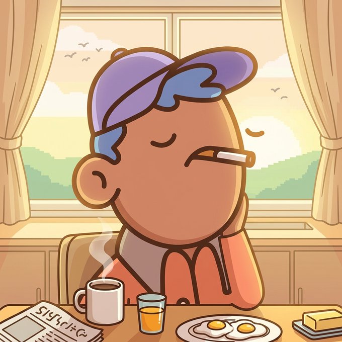 A cartoon character with purple hair smokes a cigarette while drinking coffee, sitting at a table with fried eggs, butter, and a newspaper, set against a window view of mountains and birds.