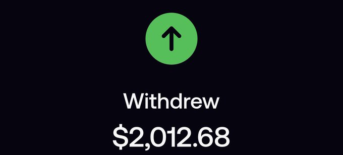 A green circle with an upward arrow sits above the text "Withdraw $2,012.68" on a black background, serving as proof of profit to support the post's claim of making a $2,000 gain from a FOMO trade.