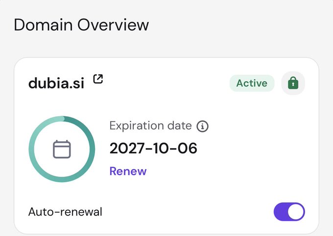 A domain registration overview screen showing the domain 'dubia.si' as Active with an expiration date of 2027-10-06 and auto-renewal enabled.