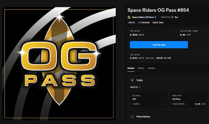 An OpenSea listing for 'Space Riders OG Pass #854' token #854, showing a top offer of 0.0244 WETH and a collection floor of 0.05 ETH.