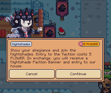 The image features a screen from a video game called "I'm so glad I waited." It shows two options, one of which is for a player named "nightshades" who needs their allegiance displayed as an elf character and has joined a virtual society known as NightShade Federation Banner (NSF). The other option on the screen offers to continue playing the game. In the post, someone is encouraging players not to pay the 5-flower entrance cost. This post highlights how certain characters in the game receive exclusive benefits or advantages due to their allegiance to particular groups within the virtual world of NightShade Empire.