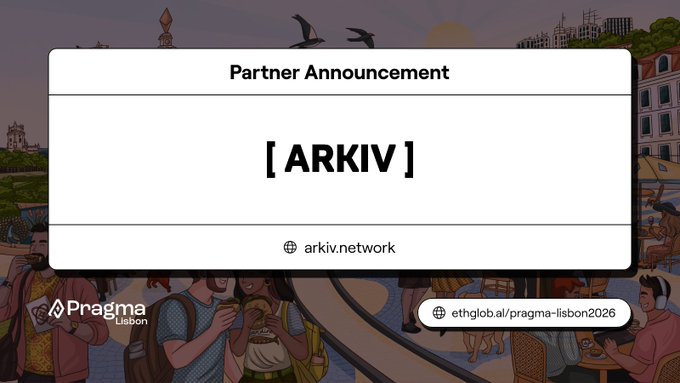 A partner announcement graphic for ARKIV (arkiv.network) in connection with ethglobal/pragma-lisbon2026, featuring an illustrated cityscape background.