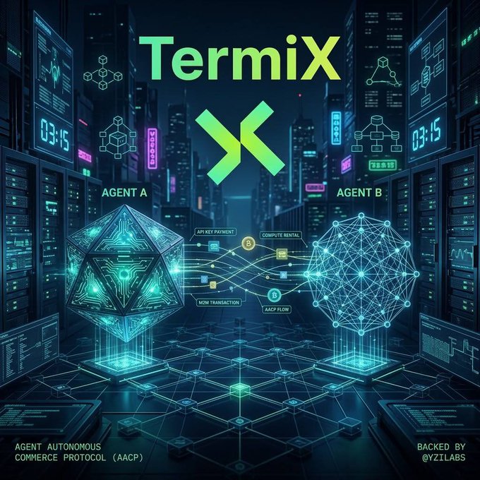 A futuristic cyberpunk-style promotional graphic for 'TermiX' featuring Agent A and Agent B as geometric shapes with text mentioning Agent Autonomous Commerce Protocol (AACP).