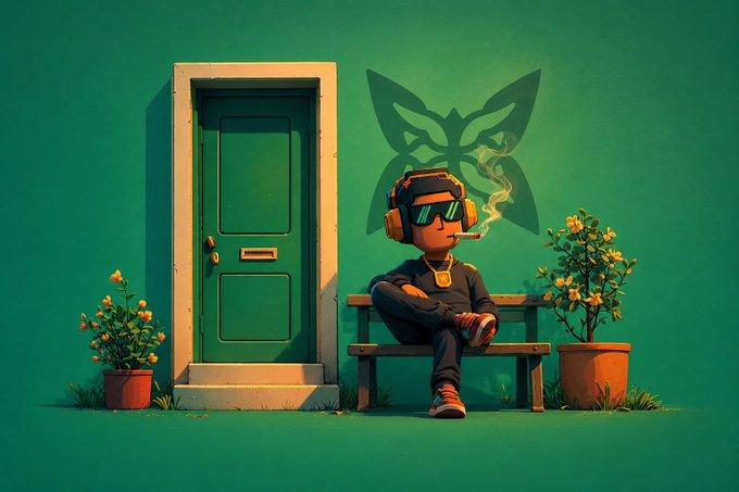 The image features a cartoon character sitting on a bench outside of a green door with headphones on his head. The scene takes place against a backdrop of potted plants and flowers, creating an artistic and whimsical atmosphere. The image also includes text that references "@quipnetwork" and "Decentralized Compute Network", suggesting the presence of a digital art piece or a creative project related to computing power and technology.