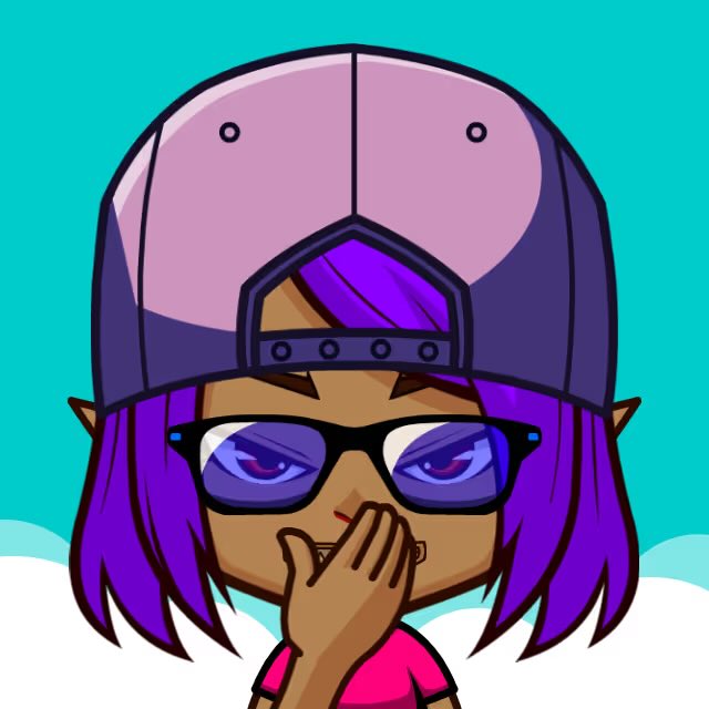 A cartoon character with purple hair, glasses, and a backwards pink and purple cap holds their hand to their mouth against a turquoise background.