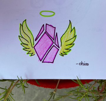 A child's drawing of a purple crystal-like shape with yellow wings and a halo, signed '-chiico' in the corner.