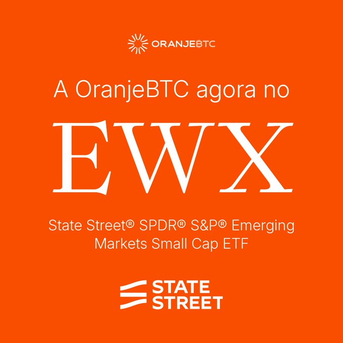 Orange announcement graphic stating 'A OranjeBTC agora no EWX' for the State Street SPDR S&P Emerging Markets Small Cap ETF.