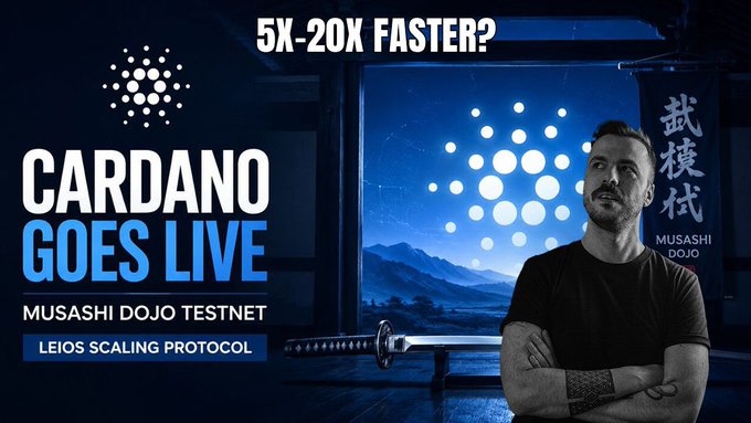 A promotional graphic for Cardano's Musashi Dojo testnet featuring the text "CARDANO GOES LIVE," "5X-20X FASTER?," and "LEIOS SCALING PROTOCOL," alongside a man standing near a katana with a Musashi Dojo banner and the Cardano logo in the background, visually highlighting the testnet's potential to significantly boost network throughput through the Ouroboros Leios consensus upgrade.