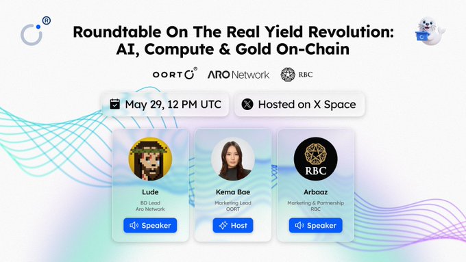 The image shows a poster for an AI roundtable event that will take place on May 29th at 12 PM. The poster features three profiles of women, each with their own name and title, along with logos representing different companies such as Arbaaz, RBC Digital Gold, and ABB. The event is described to be focused on the real yield revolution, AI, and computer & gold on-chain. There are also details about how to enter the competition for the best questions and listeners.