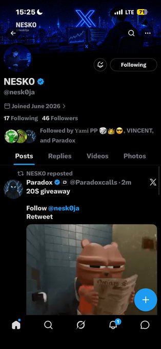 A screenshot of an X (Twitter) profile for 'NESKO' (@nesko0ja), showing 17 Following and 46 Followers, with a repost from @Paradoxcalls mentioning '20$ giveaway' and featuring a Garfield meme.