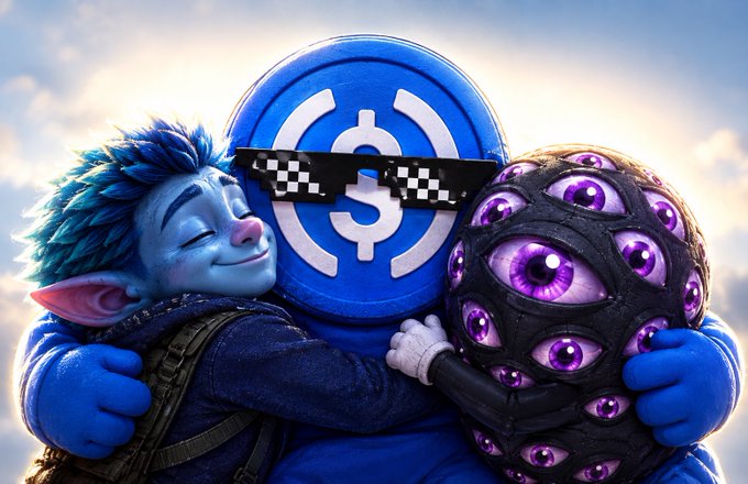 A 3D-rendered scene features a blue character with a dollar sign face hugging a blue-skinned elf-like character, with a black spherical figure covered in multiple purple eyes on the right.