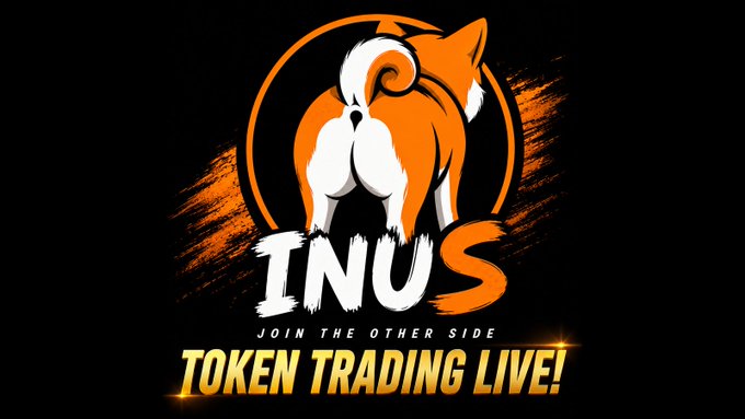 A promotional graphic featuring the 'INUS' logo with a Shiba Inu dog design, accompanied by the tagline 'JOIN THE OTHER SIDE' and 'TOKEN TRADING LIVE!' in orange and white text on a black background.