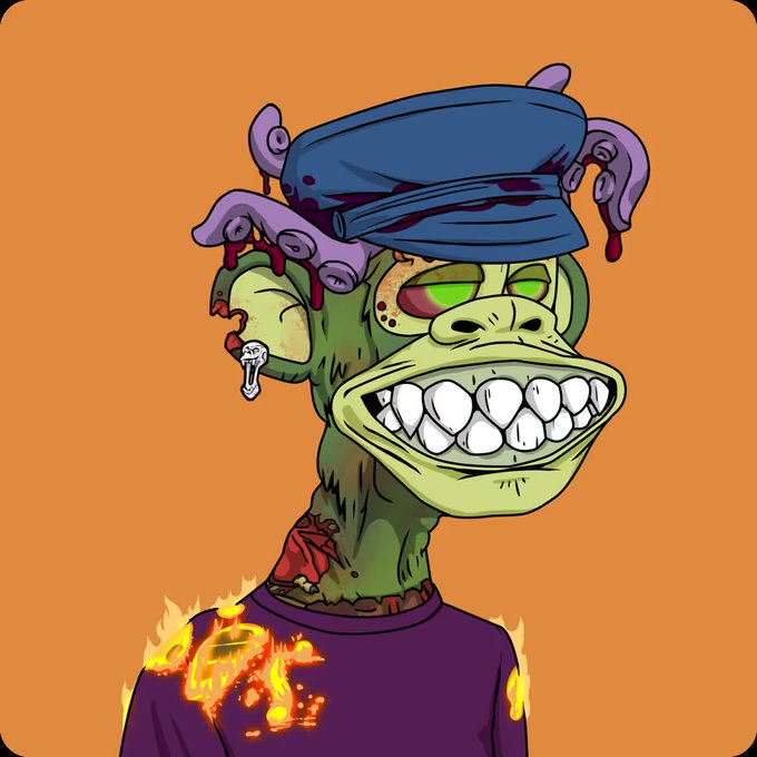 A cartoon illustration of a grotesque green-skinned zombie-like character with a large toothy grin, green eyes, a blue cap, and a burning purple shirt against an orange background.