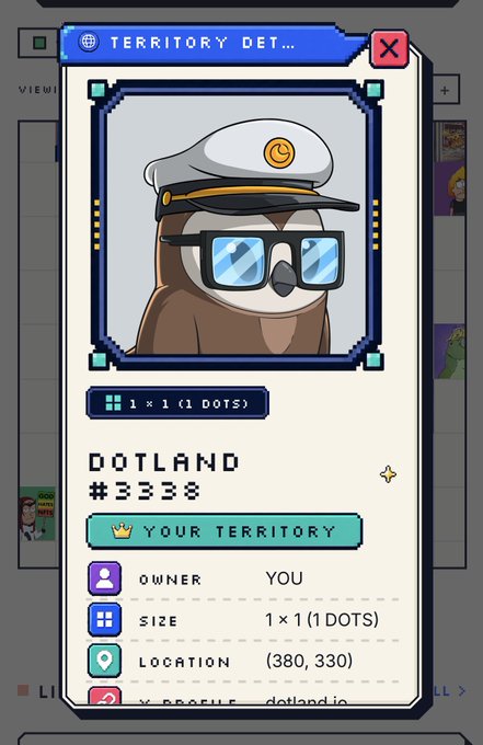 A digital trading card displays an owl character wearing a captain's hat and blue sunglasses, labeled "DOTLAND #3338" with a 1×1 size and coordinates (380, 330), marked as "YOUR TERRITORY" and owned by "YOU." The image showcases a Moonbird NFT claiming a one-dot territory on Dotland, confirming the post's announcement of the owl's secured pixel land.