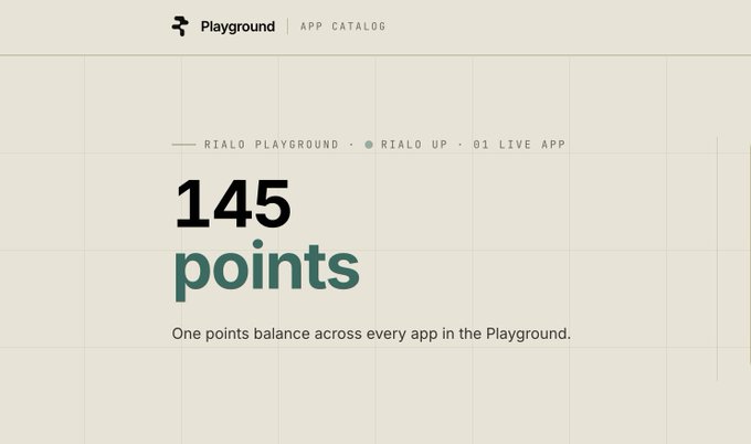 A screenshot from the Playground app catalog showing a RIALO PLAYGROUND interface with a balance of 145 points, described as 'One points balance across every app in the Playground.'