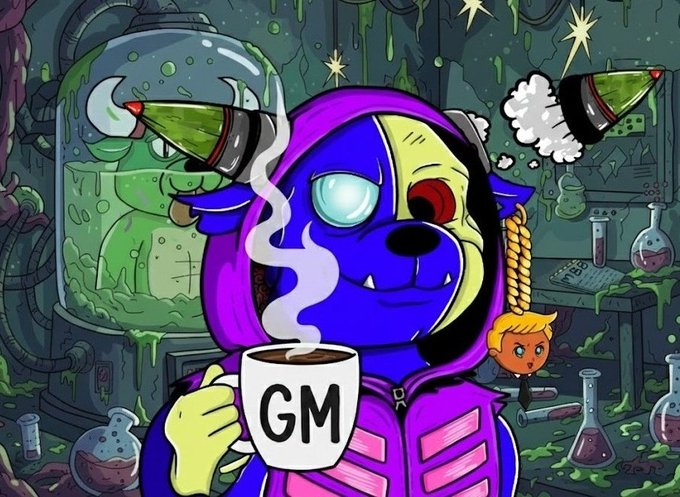 A colorful cartoon illustration depicts a dog-like character in a purple hoodie holding a mug that says 'GM,' set in a science lab with various beakers and equipment.