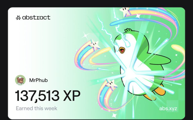 The image features a poster with a cartoon penguin, which appears to be the main focus of the poster. The background of the poster has a green color that complements the penguin's appearance. There are also some stars scattered around the poster, adding to its visual appeal. The text on the poster reads "Abstract Chain" and "@AbstractChain Real life stuff slowed down my week but I still pulled 137k Next will be better.: : @TollanUniverse". This suggests that the poster is promoting a game or an event related to Abstract Chain.