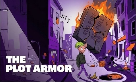 An illustrated cartoon of a person carrying burning crates labeled 'RUG PULL' and 'PULL' in an alleyway, with text 'THE PLOT ARMOR' and Web3 logo.