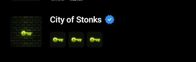 A digital interface displays a "City of Stonks" badge with a blue verified checkmark, alongside three glowing green key icons against a brick wall background. The image visually represents the user's collection of three keys, highlighting that they are still two keys short of the five required for the Quirkling giveaway.