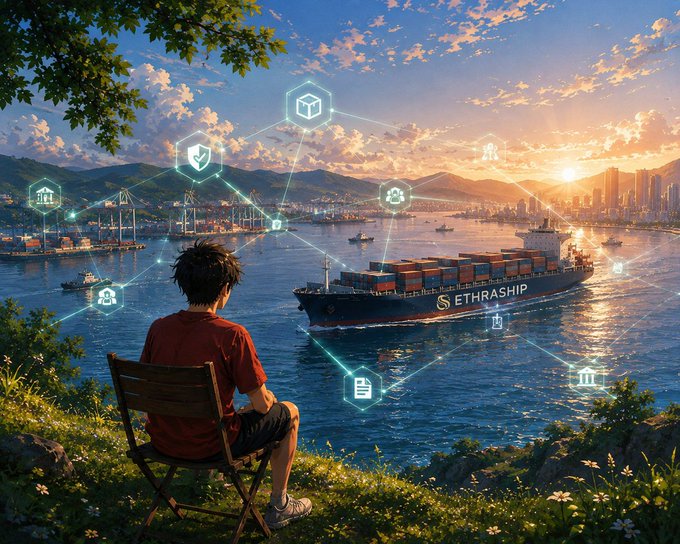 An anime-style illustration depicts a young boy sitting on a wooden chair overlooking a harbor at sunset, watching a large container ship labeled 'ETHRASHIP' while surrounded by floating blockchain and logistics-themed icons.