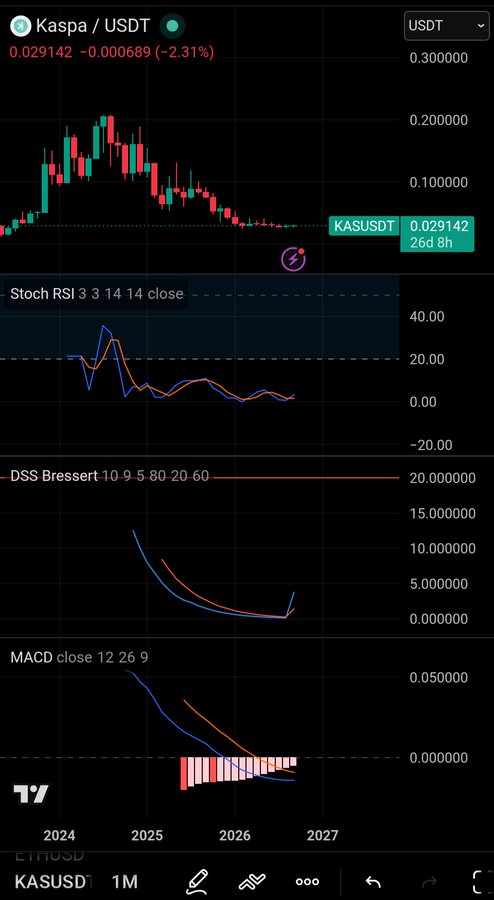 Monthly chart of Kaspa/USDT (KASUSDT) at 0.029142, down 2.31%, displaying Stoch RSI, DSS Bressert, and MACD technical indicators in oversold territory.