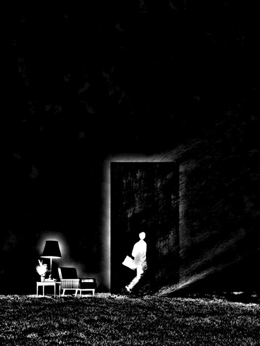 A dark, atmospheric illustration shows a glowing white silhouette of a man with a briefcase walking through a doorway, with a small lamp-lit room visible to the side.