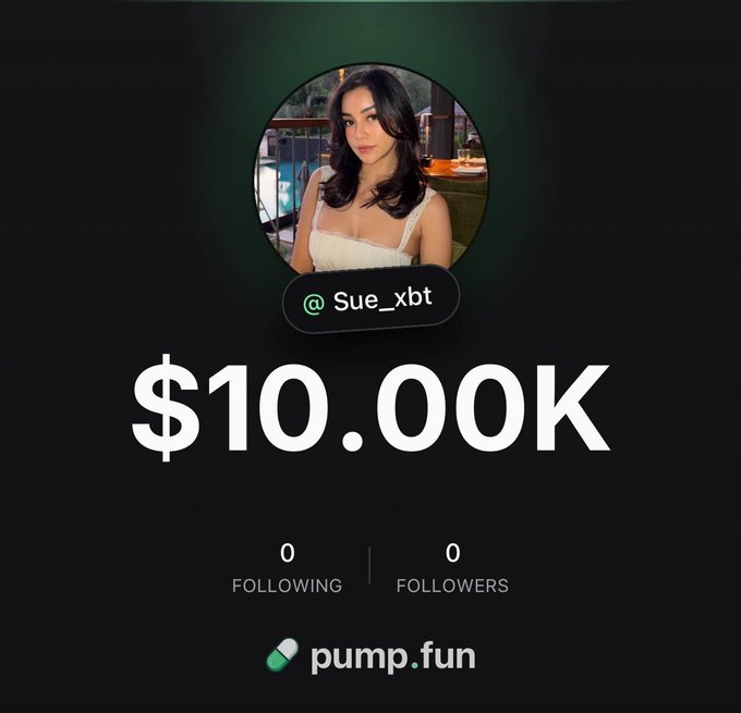 A pump.fun profile for @sue_xbt displays a $10.00K portfolio value with 0 followers and 0 following, promoting the platform's clean UI and zero SOL fees as highlighted in the announcement to move public trading to the app.