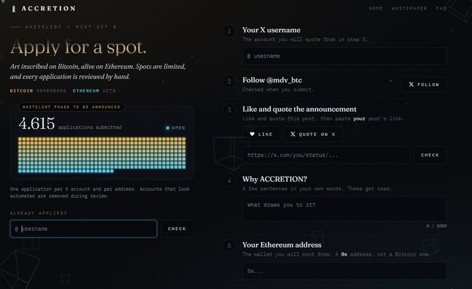 A screenshot of an application webpage for ACCRETION, displaying a form to apply for a whitelist spot with 4,615 applications submitted and fields for X username, an Ethereum address, and reasons for applying.