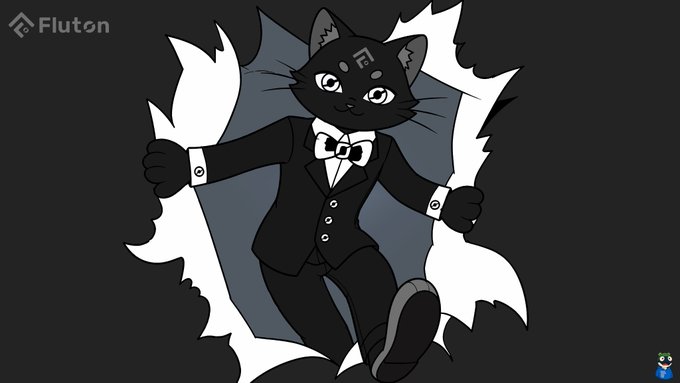 A black and white cartoon illustration of an anthropomorphic black cat character wearing a formal tuxedo with a bow tie, appearing to step out of a jagged white portal, with a 'Fluton' logo in the upper left corner.